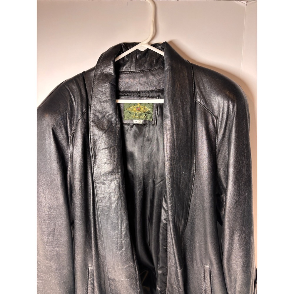 *VINTAGE* Avanti Black Leather Shawl Collar, Open Front, Mid-Length Jacket